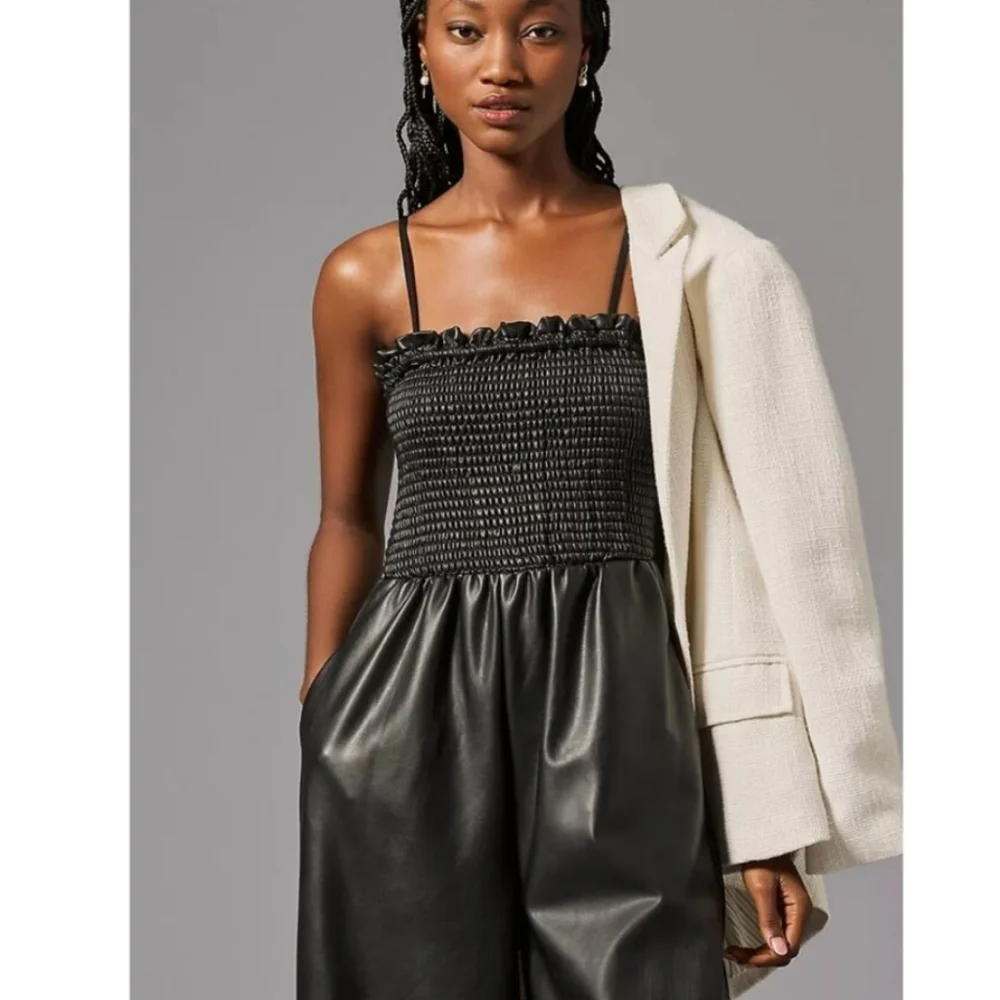 NWT Anthro Black Faux Leather Smocked Balloon Pant Jumpsuit M - Picture 8 of 13